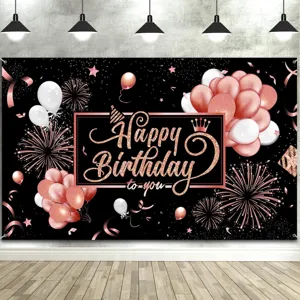Rose gold and black birthday photography backdrop with balloon and firework prints