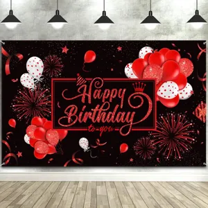 Festive red and black birthday photography backdrop with balloon and firework prints