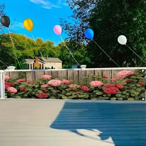 Pastoral Rose Flower Wood Grain Banner Garden Fence Outdoor Decoration Printed Pongee Floral Courtyard Patio Backdrop Banner