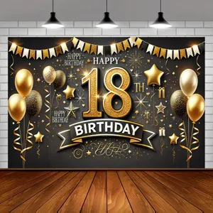 18th Birthday Backdrop Black Gold Party Decorations Happy Birthday Photography Background Balloon Ribbon Printed Backdrop
