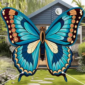 Large blue butterfly shaped backdrop banner for outdoor garden party and photo prop