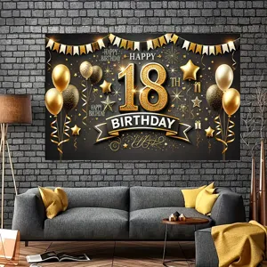 Elegant black and gold 18th birthday photography backdrop with balloons and glitter