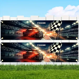 Racing car theme party banner with checkered flag print for yard fence decoration set