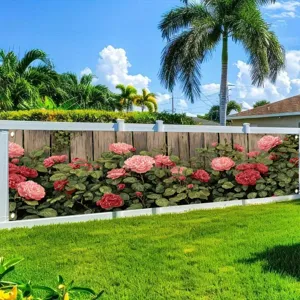 Floral pink rose garden fence banner with wood plank background for outdoor yard decor