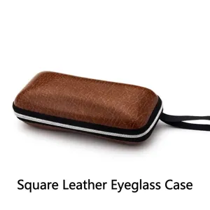 Custodia per occhiali premium in pelle marrone con cerniera e cinturino da polso portatile