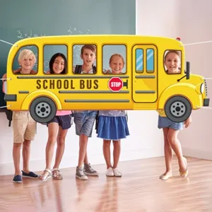 Fondo con Forma de Autobús Escolar Amarillo de Dibujos Animados Decoraciones de Fiesta Regreso a Clases Accesorios de Fotomatón Paño de Fondo de Pongé para Niños
