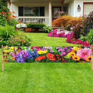 Outdoor garden banner with colorful floral and butterfly print for spring party decor
