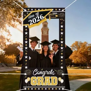 Congrats Grad Class of 2026 Graduation Photo Booth Frame Cut-out Background Cloth Graduation Party Decorations Prop Banner For High School College University Students