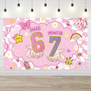 7th Birthday Photography Backdrop I Was 6 Now I'm 7 Disco Retro Y2K Theme Kids Party Decoration Polyester Background Cloth Banner