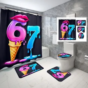 Modern Digital Printed Bathroom Shower Curtain Mat Combination Set Waterproof Polyester Fabric Bathroom Decoration With Toilet Lid Cover Rug