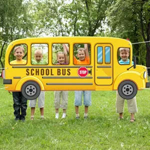 Pancarta interactiva de fondo para fotos de autobús escolar amarillo para fiestas escolares