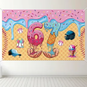 Birthday photography background banner with donut ice cream and baseball theme for kids party.