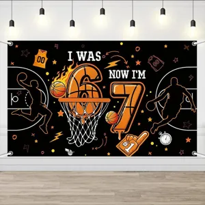 Basketball themed backdrop for 7th birthday party with 'I WAS 6 NOW I'M 7' graphic print