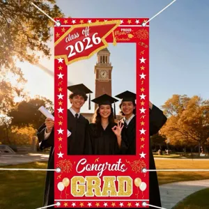 Red graduation season photo booth backdrop frame for Class of 2026 party decoration