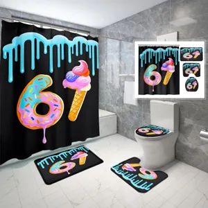 4-piece bathroom shower curtain set featuring donut and ice cream digital print design
