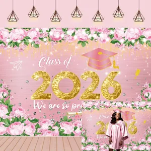 Elegant pink floral graduation party backdrop for Class of 2026, We Are So Proud of You banner