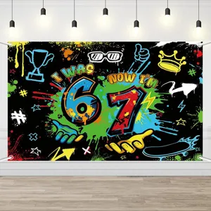 Colorful graffiti 7th birthday backdrop with I Was 6 Now I'm 7 text for photography