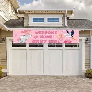 Roze 'Welcome Home Baby Girl' banner met olifant en ooievaar voor garagedeur decoratie
