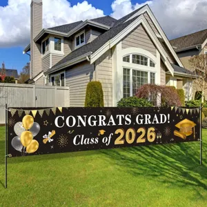 Banner di laurea per decorazioni festa, insegna nera e oro classe 2026 per esterni.