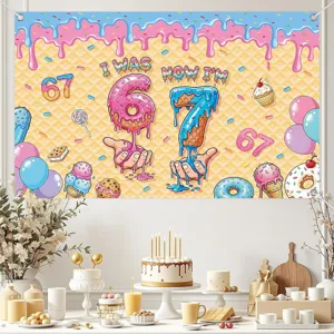 Colorful 7th birthday photography backdrop with "I WAS 6 NOW I'M 7" donut theme.
