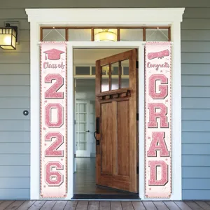 Graduation Season Porch Banner Pink Glitter Congrats Grad Porch Sign Class of Graduation Celebration Front Door Decor Couplet Banner