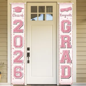 Pink glitter graduation porch banners featuring Class of 2026 and Congrats GRAD text
