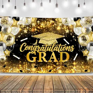 Luxury Black Gold Graduation Backdrop Congratulations Grad Balloon Cap Pattern Banner Graduation Party Photography Background Cloth