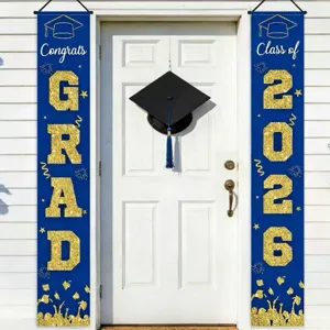 Μπλε και χρυσά πανό αποφοίτησης Class of 2026 για τη διακόσμηση της μπροστινής πόρτας