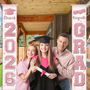 Pink glitter graduation porch banners featuring Class of 2024 and Congrats GRAD text