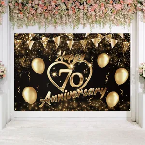 Black Gold 70th Anniversary Backdrop Cloth Polyester Pongee Heart Balloon Pattern Wedding Anniversary Party Decoration Banner Photo Prop