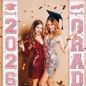 Elegant pink glitter Class of 2024 graduation porch banners for party entry decoration