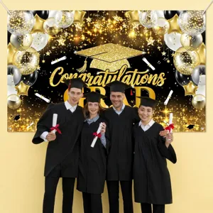 Professional black and gold graduation backdrop with Congratulations GRAD and balloon prints