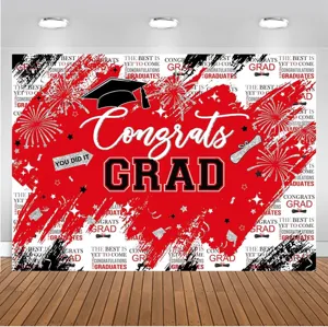 Red graduation party backdrop featuring mortarboard and congrats grad text design
