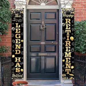 Set of two black and gold retirement porch banners with festive party decoration