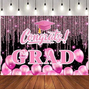 Banner per sfondo laurea rosa con palloncini e scritte glitterate Congrats! GRAD.