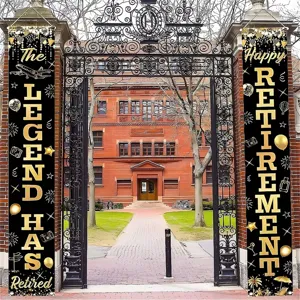 Black and gold retirement porch banners featuring 'The Legend Has Retired' on building gate