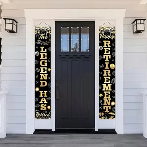 Elegant black and gold retirement theme porch banners for home party entrance decorations