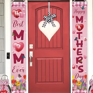 Muttertag Veranda Banner Set Best Mom Ever Happy Mother's Day Tulpe Schmetterling Muster Polyester Tür Spruchband Festliche Haus Deko Schild