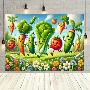 Vegetable Party Theme Photography Background Cloth Cartoon Carrot Tomato Pattern Polyester Tapestry For Kids Party School Decor