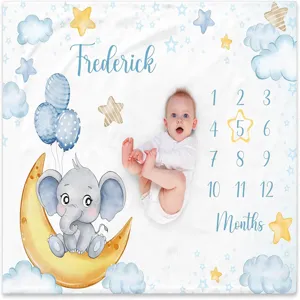 Polyester Baby Milestone Blanket Watercolor Elephant Moon Stars Balloon Pattern Infant Growth Commemorative Soft Blanket for Photography Prop Kids