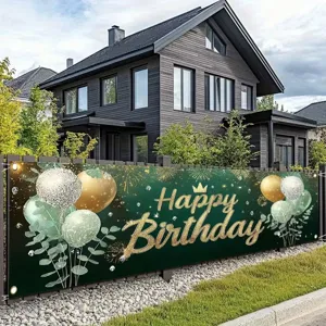 Large dark green Happy Birthday banner with gold foil print and balloon decorations.