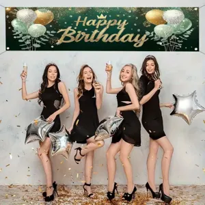 Dark green and gold foil Happy Birthday banner backdrop for elegant birthday party decoration
