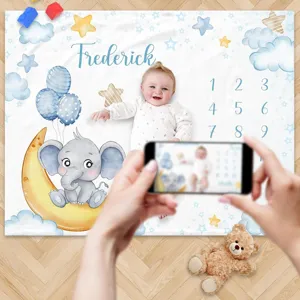 Baby milestone blanket monthly growth swaddle with cute elephant moon star design for infant.