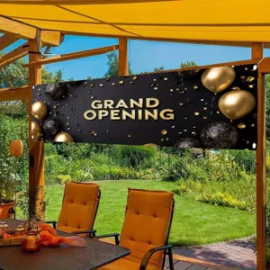 Banner di grande apertura nero e oro con palloncini e glitter per decorazione negozio