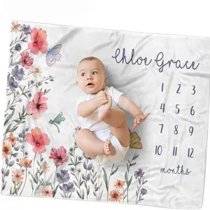 Custom floral baby milestone blanket with monthly numbers and personalized Chloe Grace name