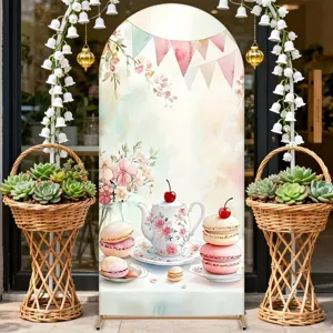Watercolor Tea Party Theme Arch Backdrop Cover For Girls Afternoon Tea Party Decoration Macaron Teapot Floral Polyester Backdrop