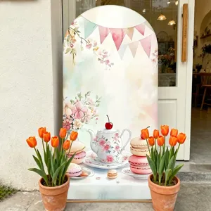 Watercolor tea party themed arched backdrop for party decoration and photo booth setup