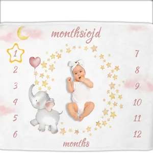 Pink Elephant Baby Milestone Blanket For Monthly Growth Tracking Newborn Photography Background Prop Polyester Fabric Decorative Wrap
