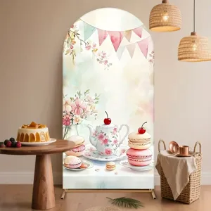 Watercolor tea party theme arch backdrop with teapot and macarons for party decor