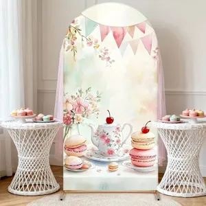 Watercolor tea party themed arched backdrop cover for party decorations and events